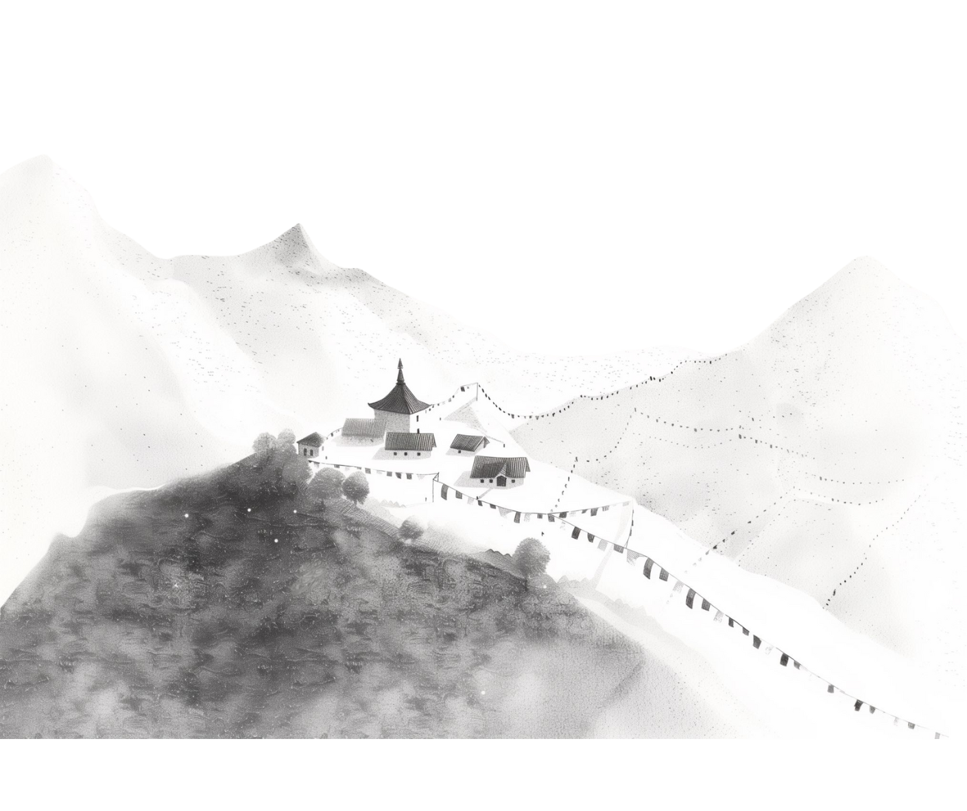 Tibetan monastery in mountains with prayer flags